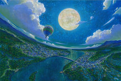  acrylic_paint_(medium) aircraft bridge city_lights cityscape cloud commentary_request ferry_(ship) fisheye full_moon horizon hot_air_balloon island moon mountain mountainous_horizon nature night night_sky no_humans original outdoors painting_(medium) reflection rice_paddy river road scenery shiraishi_takashi sky star_(sky) starry_sky traditional_media 