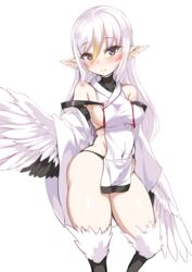  absurdres animal_ears ass bare_shoulders black_panties blonde_hair blush breasts brown_eyes commentary_request detached_sleeves female harigane_shinshi harpy highres long_hair looking_at_viewer monster_girl original panties pointy_ears sideboob simple_background smile solo tsuru-chan_(harigane) tsuru_no_ongaeshi underwear very_long_hair white_background white_hair winged_arms wings 