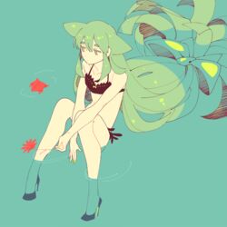  bikini black_bikini female gatchaman gatchaman_crowds green_eyes green_hair high_heels leg_garter long_hair low-tied_long_hair lowleg_bikini solo swimsuit utsutsu very_long_hair water 