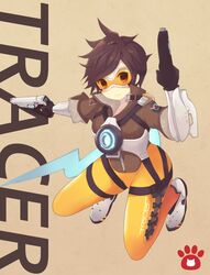  bad_id bad_pixiv_id black_gloves bodysuit bomber_jacket brown_eyes brown_hair brown_jacket character_name chest_harness clothes_writing cross-laced_clothes cross-laced_legwear dual_wielding elbow_gloves female full_body fur_trim gloves goggles gun handgun harness high_collar holding holding_gun holding_weapon jacket leather leather_jacket logo looking_at_viewer military_rank_insignia nekomo orange_bodysuit orange_goggles overwatch overwatch_1 pants paw_print shoes short_hair short_sleeves skin_tight sleeves_rolled_up smile solo spiked_hair swept_bangs thighs tight_clothes tight_pants tracer_(overwatch) union_jack vambraces weapon 