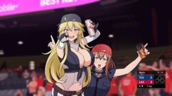  2girls angel_stadium_of_anaheim backwards_hat baseball_cap belt blonde_hair blue_eyes blue_hat blush breasts brown_hair can cleavage commentary_request drink_can fingerless_gloves gloves groin hair_between_eyes hat highres hip_focus iowa_(kancolle) kantai_collection large_breasts long_hair los_angeles_angels major_league_baseball multiple_girls photo-referenced photo_background pointing pointing_at_viewer red_hat saratoga_(kancolle) soda_can symbol-shaped_pupils takaman_(gaffe) texas_rangers 