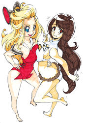  2girls agnes_oblige arm_around_waist barefoot bikini black_hair blonde_hair blue_eyes blush bravely_default:_flying_fairy bravely_default_(series) breast_press breasts brown_eyes butt_crack cleavage commentary_request edea_lee full_body hair_ornament hand_on_own_hip long_hair multiple_girls one-piece_swimsuit rafchu red_one-piece_swimsuit swimsuit symmetrical_docking tankini white_one-piece_swimsuit 