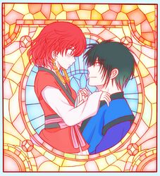  1boy akatsuki_no_yona black_hair blush breasts dress female purple_eyes red_hair short_hair yona_(akatsuki_no_yona) 