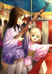  2girls :d bear_mask blonde_hair blue_eyes boko_(girls_und_panzer) bolt_action brown_hair commentary_request festival girls_und_panzer gun highres japanese_clothes katyusha_(girls_und_panzer) kawakami_rokkaku kimono long_hair mask mask_on_head mosin-nagant multiple_girls nonna_(girls_und_panzer) obi oerba_yun_fang open_mouth outstretched_arm profile rifle sash shooting_gallery short_hair short_kimono smile summer_festival thighhighs v-shaped_eyebrows weapon white_thighhighs wide_sleeves yukata 