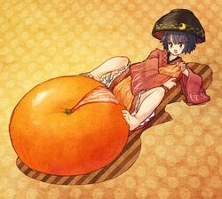  armbar bad_id bad_link bad_twitter_id barefoot blush bowl crescent female food frills fruit full_body japanese_clothes joint_lock kimono long_sleeves mandarin_orange mini_person minigirl object_on_head open_mouth orange_(fruit) orange_background peeling polka_dot polka_dot_background purple_hair red_kimono short_hair simple_background smile solo sukuna_shinmyoumaru touhou urin wide_sleeves 