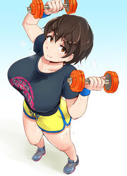  breasts brown_eyes brown_hair commentary_request dumbbell exercising female from_above highres idolmaster idolmaster_cinderella_girls ikinari_mojio large_breasts oikawa_shizuku shirt short_shorts shorts smile solo sweat weightlifting weights 