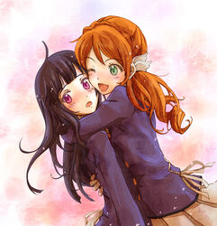  2girls aikatsu! aikatsu!_(series) black_hair blue_hair braid commentary_request green_eyes hair_ornament himuro_asami hug long_hair multiple_girls one_eye_closed open_mouth orange_hair ploki purple_eyes school_uniform skirt smile starlight_academy_school_uniform tachibana_michelle 