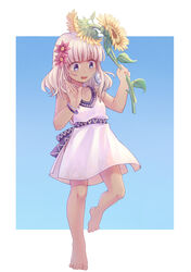  adapted_costume aged_down bad_id bad_pixiv_id barefoot blue_eyes bracelet bug butterfly collarbone commentary_request dark-skinned_female dark_skin dress female flower full_body hair_flower hair_ornament hands_up highres holding holding_flower jewelry leg_up looking_away no_legwear open_mouth sash short_hair side_slit simple_background sleeveless sleeveless_dress solo south_dakota_(warship_girls_r) staring sundress sunflower teeth toes triangle_print ululan warship_girls_r white_dress white_hair 