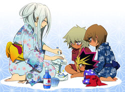  3boys 922teruteru atem barefoot blue-eyes_white_dragon blue_hair closed_eyes commentary_request duel_monster female food japanese_clothes kisara_(yu-gi-oh!) lolicon long_hair multiple_boys priest_seto shaved_ice sitting smile tan touzokuou_bakura yu-gi-oh! yu-gi-oh!_duel_monsters 