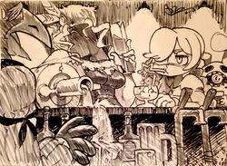  2girls alex_ahad annie_(skullgirls) bendy_straw black_dahlia commentary drink drinking drinking_straw english_commentary eyepatch fur_hat greyscale hair_over_one_eye hat monochrome multiple_girls photoshop_(medium) sagan_(skullgirls) skullgirls ushanka veil 