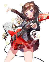  5girls :d =_= animal animal_on_head arm_up bang_dream! black_hair black_jacket black_legwear blonde_hair blunt_bangs blush bow bowtie bread breasts brown_eyes brown_hair cardigan cat_hair_ornament chibi closed_eyes closed_mouth commentary_request cone_hair_bun cowboy_shot electric_guitar esp_guitars facing_viewer food green_bow green_eyes green_hoodie guitar hair_bobbles hair_bun hair_ornament hairbow hanazono_tae hitowa holding holding_food holding_instrument hood hoodie ichigaya_arisa instrument jacket leg_up long_hair long_sleeves looking_at_viewer medium_breasts medium_hair mini_person minigirl miniskirt multiple_girls neck_ribbon notebook official_art on_head one_eye_closed one_side_up open_mouth outstretched_arm photoshop_(medium) plaid plaid_skirt pleated_skirt polka_dot polka_dot_bow ponytail poppin&#039;party purple_eyes rabbit rabbit_on_head red_bow red_bowtie red_ribbon red_skirt ribbon school_uniform skirt smile standing star_(symbol) starry_background striped_bow striped_bowtie striped_clothes teeth thighhighs toyama_kasumi twintails upper_teeth_only ushigome_rimi white_background yamabuki_saya yellow_cardigan 