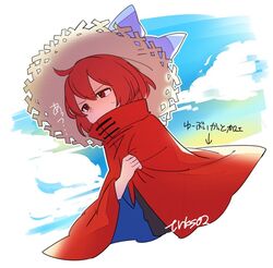  bad_id bad_twitter_id bow cape cape_tug cloud female hat hat_bow red_eyes red_hair sekibanki short_hair solo straw_hat sweatdrop tori_(otori) touhou twitter_username upper_body 