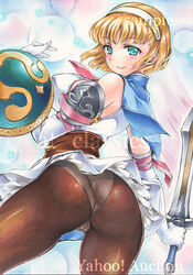  aqua_eyes artist_name ass at_classics blonde_hair blush breasts brown_pantyhose cassandra_alexandra cleavage closed_mouth elbow_gloves female from_behind gloves hairband holding holding_shield holding_sword holding_weapon large_breasts looking_at_viewer looking_back panties panties_under_pantyhose pantyhose sample_watermark shield short_hair smile solo soulcalibur soulcalibur_ii sword traditional_media underwear watermark weapon white_gloves 