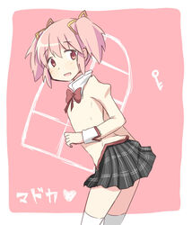  bad_id bad_pixiv_id bow character_name commentary female hair_ribbon heart kaname_madoka key kyabechi looking_at_viewer looking_back mahou_shoujo_madoka_magica mahou_shoujo_madoka_magica:_hangyaku_no_monogatari mitakihara_school_uniform open_mouth pink_background pink_eyes pink_hair ribbon school_uniform short_twintails skirt smile solo thighhighs translated twintails 