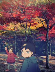  1boy :d aged_down aqua_hoodie bags_under_eyes black_hair branch brother_and_sister coat commentary female green_eyes hakka0320 holding holding_branch hood hoodie kuroki_tomoki kuroki_tomoko looking_back open_mouth outdoors photo_background photoshop_(medium) red_coat siblings smile symbol-only_commentary tree twig twintails watashi_ga_motenai_no_wa_dou_kangaetemo_omaera_ga_warui! 