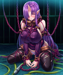  bad_id bad_pixiv_id black_thighhighs blush bow breasts chains collar commentary_request cuffs female frilled_sleeves frills full_body hair_over_one_eye handcuffs highres horns indoors kneeling large_breasts long_hair looking_at_viewer no_pants oni_horns open_mouth original own_hands_together panties photoshop_(medium) pink_eyes pointy_ears purple_bow purple_hair purple_sweater restrained saijou_satoru side-tie_panties sideboob single_horn solo sweater thighhighs torn_clothes torn_thighhighs underwear very_long_hair white_panties 