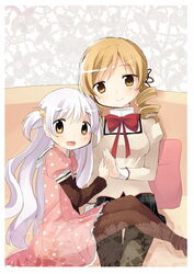  2girls :d bad_id bad_pixiv_id black_legwear blonde_hair bow bowtie breasts brown_legwear commentary_request couch drill_hair hair_ornament head_tilt highres kyabechi large_breasts long_hair looking_at_viewer mahou_shoujo_madoka_magica mahou_shoujo_madoka_magica:_hangyaku_no_monogatari mitakihara_school_uniform momoe_nagisa multiple_girls on_couch on_lap open_mouth pantyhose pillow red_bow red_bowtie school_uniform scrunchie skirt smile sweater tareme thigh_gap tomoe_mami twintails wavy_hair white_hair yellow_eyes 