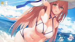  bare_shoulders beach bikini breasts brown_hair cleavage copyright_name day female five-seven_(cruise_queen)_(girls&#039;_frontline) five-seven_(girls&#039;_frontline) girls&#039;_frontline green_eyes hand_on_headwear hat highres in_the_face large_breasts logo long_hair m1_garand_(beach_princess)_(girls&#039;_frontline) m1_garand_(girls&#039;_frontline) ntw-20_(girls&#039;_frontline) ntw-20_(op._blazing_sun)_(girls&#039;_frontline) o-ring o-ring_bikini o-ring_top official_alternate_costume official_art open_mouth outdoors photoshop_(medium) springfield_(girls&#039;_frontline) springfield_(stirring_mermaid)_(girls&#039;_frontline) suisai_(suisao) sun_hat swimsuit white_bikini 