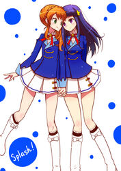  2girls aikatsu! aikatsu!_(series) blue_hair boots braid commentary_request eye_contact green_eyes hair_ornament himuro_asami interlocked_fingers long_hair looking_at_another multiple_girls orange_hair purple_eyes purple_hair school_uniform shirono short_hair skirt smile star_(symbol) star_hair_ornament starlight_academy_school_uniform tachibana_michelle 