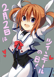  bad_id bad_pixiv_id bow dress female hair_ribbon heart heart-shaped_pupils long_sleeves looking_at_viewer lyrical_nanoha magical_girl mahou_shoujo_lyrical_nanoha open_mouth purple_eyes red_bow red_hair ribbon short_twintails smile solo symbol-shaped_pupils takamachi_nanoha translation_request twintails yuukome_(tekunon) 