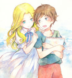  2girls anna_(omoide_no_marnie) blonde_hair blue_eyes brown_hair commentary_request hibiki_(bagawa) long_hair marnie_(omoide_no_marnie) multiple_girls omoide_no_marnie painting_(medium) short_hair sketchbook traditional_media watercolor_(medium) 