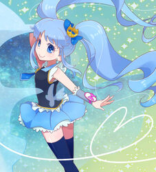  blue_bow blue_eyes blue_hair blue_skirt blue_thighhighs bow commentary_request crown crown_bow cure_princess female gold_crown happinesscharge_precure! long_hair looking_at_viewer magical_girl pointed_crown precure shirayuki_hime skirt smile solo tama_(miloque) thighhighs twintails 