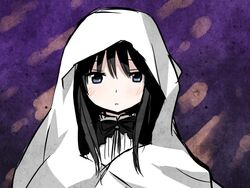  abstract_background akemi_homura akemi_homura_(black_dress) alternate_costume bad_id bad_pixiv_id black_bow black_bowtie black_hair blanket blue_eyes blush bow bowtie cloak dress expressionless female funeral_dress hair_between_eyes hood hooded_cloak jitome kyabechi long_hair mahou_shoujo_madoka_magica mahou_shoujo_madoka_magica:_hangyaku_no_monogatari upper_body 