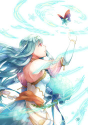  bare_shoulders blue_hair bride bug butterfly commentary_request dress female fire_emblem fire_emblem:_the_blazing_blade fire_emblem_heroes flower gloves hair_ornament highres jewelry long_hair ninian_(bridal)_(fire_emblem) ninian_(fire_emblem) red_eyes simple_background solo tarayuki wedding_dress 