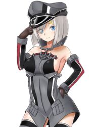  bare_shoulders bismarck_(kancolle) bismarck_(kancolle)_(cosplay) blue_eyes brown_gloves commentary_request cosplay detached_sleeves female gloves grey_hair hair_ornament hairclip hamakaze_(kancolle) hat highres kantai_collection military military_uniform peaked_cap short_hair sin_(kami148) smile solo thighhighs transparent_background uniform 