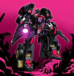  commentary_request deadlock_(transformers) decepticon drift_(transformers) full_body glowing glowing_eyes glowing_weapon gun holding holding_weapon insignia looking_at_viewer machinery mecha no_humans photoshop_(medium) pose purple_background red_eyes robot rubble solo_focus standing the_transformers_(idw) transformers weapon yasukuni_kazumasa 