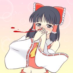  ascot bare_shoulders black_eyes black_hair blood bow commentary_request covering_nose detached_sleeves female hair_tubes hairbow hakurei_reimu mario_(makoto) moe_musume navel nosebleed pixiv red_bow sash solo sparkling_eyes touhou 