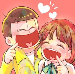  1boy black_hair brown_hair closed_eyes collared_shirt commentary female freckles hana_(haruharu-michimichi83) heart jyushimatsu&#039;s_girlfriend matsuno_jyushimatsu open_mouth osomatsu-kun osomatsu-san osomatsu_(series) shirt smile teeth tongue 