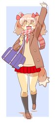  anthro bag biped blush bottomwear canid canine canis closed_eyes clothing digital_media_(artwork) domestic_dog female footwear fur gesture itou_sora kemono kin-shun legwear mammal open_mouth scarf school_uniform shoes skirt socks solo standing student tan_body tan_fur uniform waving 