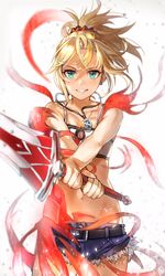  absurdres aqua_eyes bandeau bare_shoulders blonde_hair blurry blush breasts clarent_(fate) commentary cutoffs depth_of_field earrings fate/apocrypha fate_(series) female hair_ornament hair_scrunchie hieung highres holding holding_sword holding_weapon jewelry long_hair looking_at_viewer midriff mordred_(fate) mordred_(fate/apocrypha) mordred_(memories_at_trifas)_(fate) navel necklace parted_lips ponytail red_scrunchie scrunchie short_shorts shorts small_breasts smile solo sword teeth transforming_clothes weapon 