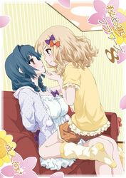  2girls blonde_hair blue_hair blush braid breasts brown_eyes commentary_request couch cover cover_page cowgirl_position doujin_cover furutani_himawari goyacchi hair_ornament hairband hairclip hand_on_another&#039;s_chin hood hoodie large_breasts long_hair loungewear multiple_girls no_shoes oomuro_sakurako open_mouth photoshop_(medium) polka_dot polka_dot_hoodie pom_pom_(clothes) short_hair shorts skirt smile socks straddling striped_clothes striped_shorts twin_braids upright_straddle vertical-striped_clothes vertical-striped_shorts yuri yuru_yuri 