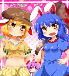  3girls animal_ears arm_behind_back bad_id bad_pixiv_id blonde_hair blood blue_dress blue_hair blush character_name crop_top dango dress flat_cap floppy_ears food gradient_background groin halftone halftone_background hand_on_own_hip hat kine long_hair looking_at_viewer mallet midriff motsu_(selshia12) multiple_girls navel open_mouth orange_shirt ponytail purple_hair rabbit_ears red_eyes reisen_udongein_inaba ringo_(touhou) sanshoku_dango seiran_(touhou) shirt short_hair short_shorts short_sleeves shorts skewer smile touhou wagashi 