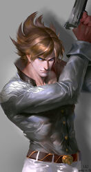  1boy alternate_costume belt belt_buckle blonde_hair buckle casual commentary_request dated eyebrows gloves gun handgun high_collar highres lars_alexandersson lips male_focus muscular nose photoshop_(medium) realistic red_gloves scar scar_across_eye scar_on_face shirt solo spiked_hair tekken tekken_6 ultramarine weapon 