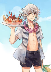  1boy anocurry bowl cherry commentary_request corn corrin_(fire_emblem) corrin_(male)_(fire_emblem) cowboy_shot fire_emblem fire_emblem_fates fire_emblem_heroes flower flower_necklace food fruit holding holding_food ice_cream lei light_smile looking_at_viewer male_focus messy_hair open_clothes open_shirt photoshop_(medium) plate pointy_ears red_eyes shirt short_sleeves shorts smile solo standing sundae wafer_stick white_hair 