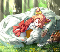  animal apple arc_the_lad basket blush bow bread choko_(arc_the_lad) closed_eyes closed_mouth commentary_request day dress female flower food forest fruit grass hair_ribbon lens_flare light_rays nature orange_hair outdoors puffy_short_sleeves puffy_sleeves red_bow ribbon short_hair short_sleeves short_twintails skirt sleeping smile solo tree tree_stump twintails twitter_username white_dress wolf yellow_bow yellow_flower yuduki_(tt-yuduki) 