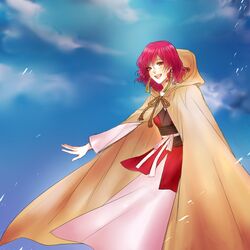  akatsuki_no_yona blush breasts cloak dress earrings gradient gradient_background jewelry open_mouth pink_hair purple_eyes short_hair solo yona_(akatsuki_no_yona) 