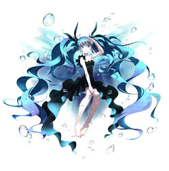  :o absurdly_long_hair air_bubble aqua_eyes aqua_hair arm_up bare_shoulders barefoot black_dress bubble commentary_request dress female full_body hair_ornament hair_ribbon hatsune_miku linfi-muu long_hair looking_at_viewer open_mouth ribbon shinkai_shoujo_(vocaloid) solo twintails underwater very_long_hair vocaloid water 