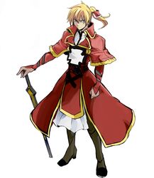  1boy alternate_color armor blonde_hair blue_eyes bridal_gauntlets capelet commentary_request da_panda greaves guilty_gear guilty_gear_xrd ky_kiske magnolia_eclair_ii male_focus planted planted_sword player_2 ponytail solo sword weapon 