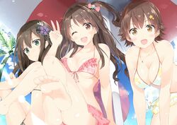  3girls :d ;d absurdres adapted_costume barefoot beach_umbrella bikini black_gothic_dress_(idolmaster) blue_gk breasts brown_eyes brown_hair cleavage commentary_request earrings feather_hair_ornament feathers feet flower frilled_bikini frills front-tie_top green_eyes hair_flower hair_ornament hair_ribbon highres honda_mio idolmaster idolmaster_cinderella_girls jewelry medium_breasts multiple_girls new_generations_(idolmaster) one_eye_closed one_side_up open_mouth pink_check_school_(idolmaster) plaid plaid_bikini print_bikini ribbon shibuya_rin shimamura_uzuki short_hair side-tie_bikini_bottom smile soles star_(symbol) star_print sunlight sunset_nostalgie_(idolmaster) swimsuit toes transparent umbrella underboob v 