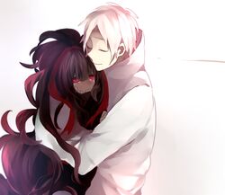  1boy azami_(kagerou_project) closed_eyes commentary_request couple female hug kagerou_project long_hair purple_hair red_eyes ribbon short_hair silver_hair smile straight tears tsuki_miyabi tsukihiko_(kagerou_project) very_long_hair 