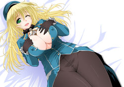  atago_(kancolle) bed black_pantyhose blonde_hair breasts cleavage commentary_request covered_nipples crotch_seam female green_eyes hat huge_breasts kantai_collection long_hair looking_at_viewer lying on_back one_eye_closed pantyhose smile solo yamaguchi_homupe 