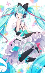  absurdly_long_hair aqua_eyes aqua_hair bad_id bad_pixiv_id boots dress female gloves hatsune_miku headphones high_heels knee_boots long_hair looking_at_viewer looking_back magical_mirai_(vocaloid) magical_mirai_miku magical_mirai_miku_(2016) one_eye_closed open_mouth pantyhose saltycaramel solo twintails twitter_username very_long_hair vocaloid white_background 