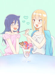  2girls :d bare_shoulders black_hair blonde_hair blush casual chair collarbone commentary_request feeding flirting green_background hair_between_eyes hakka0320 heart holding holding_spoon katou_asuka kuroki_tomoko long_hair looking_at_another multiple_girls open_mouth parfait photoshop_(medium) pink_shirt polka_dot shirt smile spoon upper_body watashi_ga_motenai_no_wa_dou_kangaetemo_omaera_ga_warui! white_eyes white_shirt yellow_eyes 