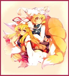  2girls :&lt; akibotann animal_ears bad_id bad_pixiv_id blonde_hair border fox_tail hair_ribbon hat hat_ribbon long_hair multiple_girls multiple_tails nail_polish purple_eyes red_border ribbon short_hair slit_pupils tail touhou tress_ribbon wide_sleeves yakumo_ran yakumo_yukari yellow_eyes 