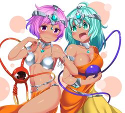  2girls :d alternate_costume alternate_skin_color armlet bare_shoulders blush breasts choker cleavage collarbone commentary_request cosplay cowboy_shot dancer dark-skinned_female dark_skin dragon_quest dragon_quest_iv eyeball green_eyes green_hair groin headgear heart highres hitotsuki_nebura indian_clothes komeiji_koishi komeiji_satori large_breasts locked_arms looking_at_another looking_down manya_(dq4) manya_(dq4)_(cosplay) minea_(dq4) minea_(dq4)_(cosplay) multiple_girls navel nose_blush open_mouth pelvic_curtain purple_eyes purple_hair revealing_clothes siblings sisters small_breasts smile thighs third_eye touhou 