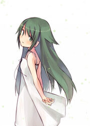  arms_behind_back bad_id bad_pixiv_id bare_shoulders commentary_request dress female from_behind green_eyes green_hair hair_flaps head_tilt kyabechi long_hair looking_at_viewer looking_back nitroplus saya_(saya_no_uta) saya_no_uta sleeveless sleeveless_dress smile solo sundress very_long_hair white_background 